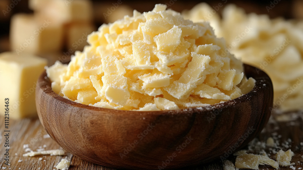 Poster shredded cheese in a wooden bowl on a rustic table with cheese cubes in the background. generative a