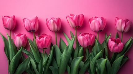 Fototapeta premium Bouquet of Tulips against a bright Pink Background with a pink wall