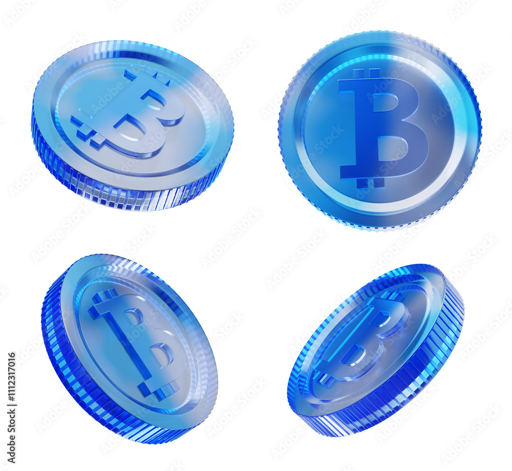 Poster a collection of blue bitcoin coins displayed from four angles, isolated on a white background, showc