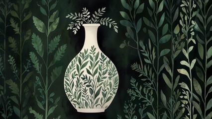 A beautifully illustrated ceramic vase adorned with delicate fern patterns, set against a lush green backdrop, perfect for nature-themed decor