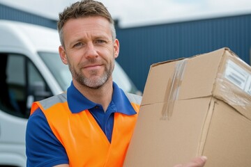 Focused courier holding a parcel wearing orange vest