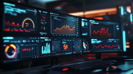 Naklejka premium Abstract Network Monitoring Dashboard on Computer Monitor with Real time Data Analytics and System Health Indicators Displayed