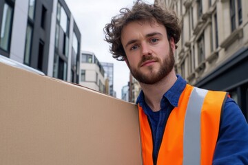 Delivery worker carrying large box on city street
