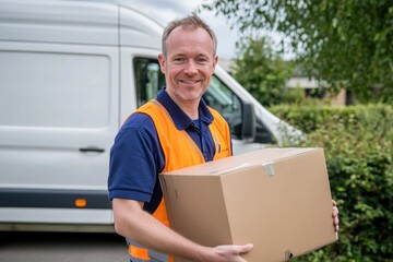 Smiling delivery man with package in front of van.