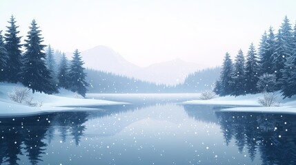 Serene Winter Landscape With Snow Falling Gently Over Still Lake