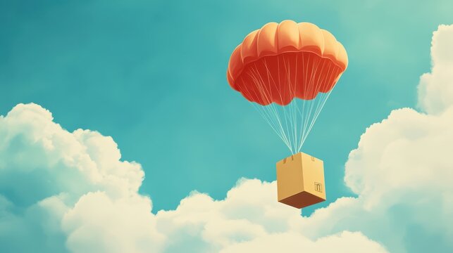 A Box flying on a parachute with pink cloud,vector illustration of package flying down from sky and cloud with parachute, concept for delivery service,shopping online,air delivery service.
