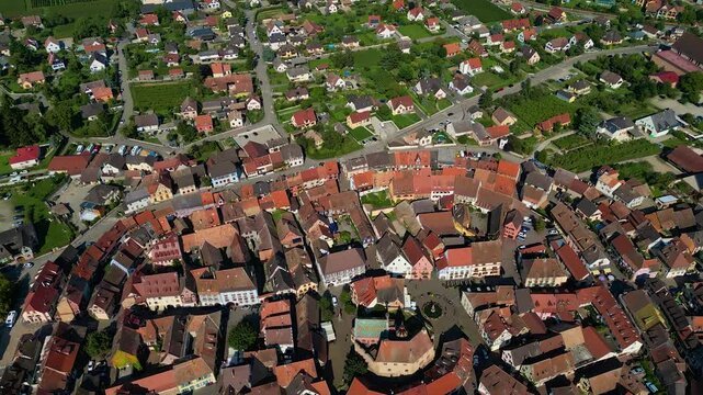 Aerial View on Eguisheim, Alsace, France, flying backwards
