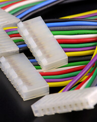 Copper electrical installation wires in colored insulation. Close-up. Soft focus.