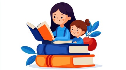Mother and child reading together at home illustrative artwork cozy environment family bonding concept