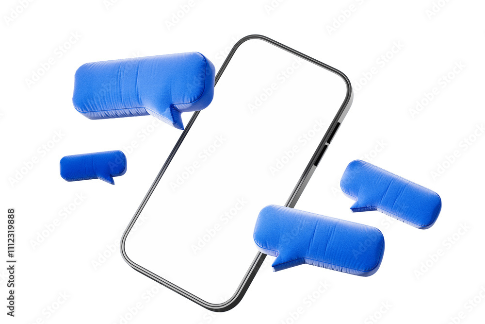Poster smartphone with blank screen surrounded by blue speech bubbles, isolated on white background. modern