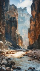 view of a dramatic canyon with towering cliffs and a flowing river winding through the rugged untouched wilderness  This epic