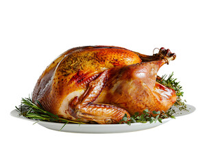 Roast Turkey on a Platter with Fresh Herbs Isolated on a Transparent Background