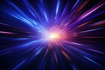 Wonderful 3d Render, Blue purple light line through dark background, hyper speed warp in space