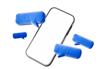Smartphone with blank screen surrounded by blue speech bubbles, isolated on white background. Modern design concept for communication and apps. 3D Rendering.