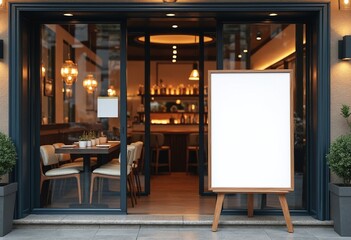 The blank white paper poster mockup displayed outside the restaurant building serves as a marketing and business concept