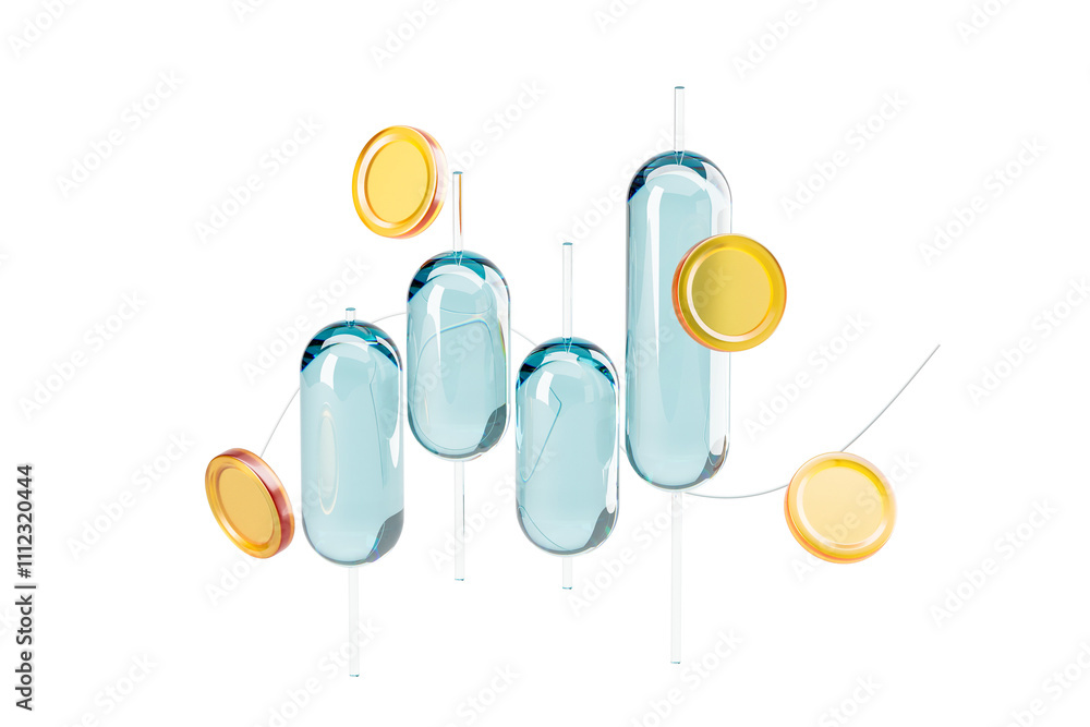Poster glass capsules and golden coins on isolated white background, rendered in a transparent 3d style, cr
