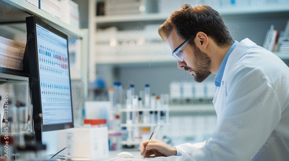 Poster scientist conducting research in laboratory, analyzing data on computer during daytime work shift