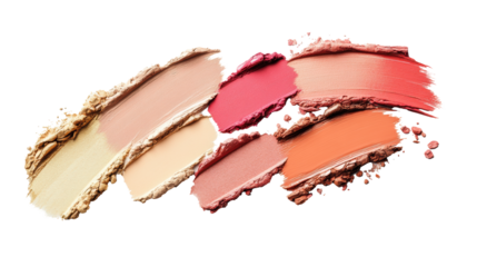 Colorful swatches of cream and powder cosmetics on a white background