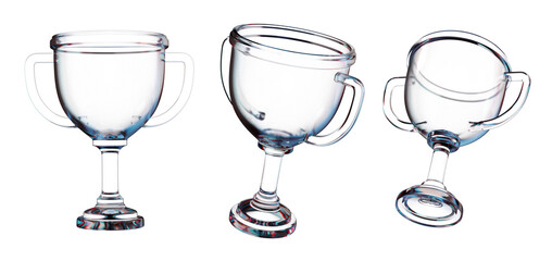 Three transparent glass trophy cups with handles shown in various tilted positions on a white background. Concept of elegance and victory, 3D Rendering