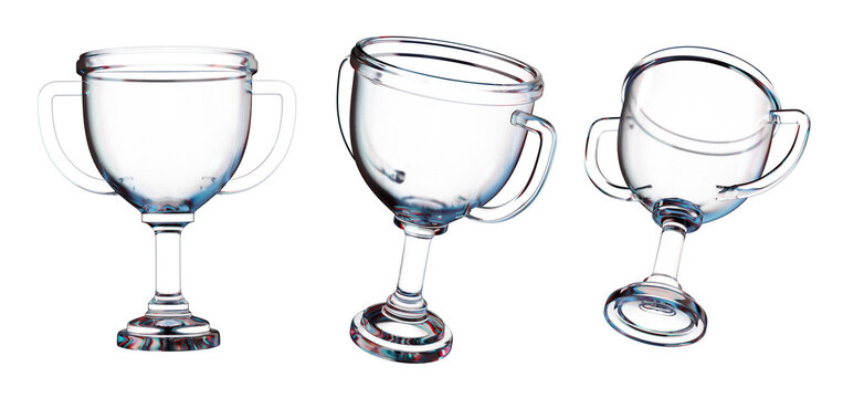 Three transparent glass trophy cups with handles shown in various tilted positions on a white background. Concept of elegance and victory, 3D Rendering