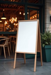 The blank white paper poster mockup displayed outside the restaurant building serves as a marketing and business concept