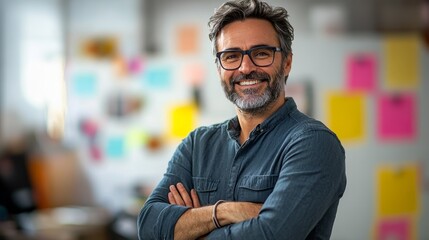 Fototapeta premium Happy Smiling Man Wearing Glasses In Office Setting
