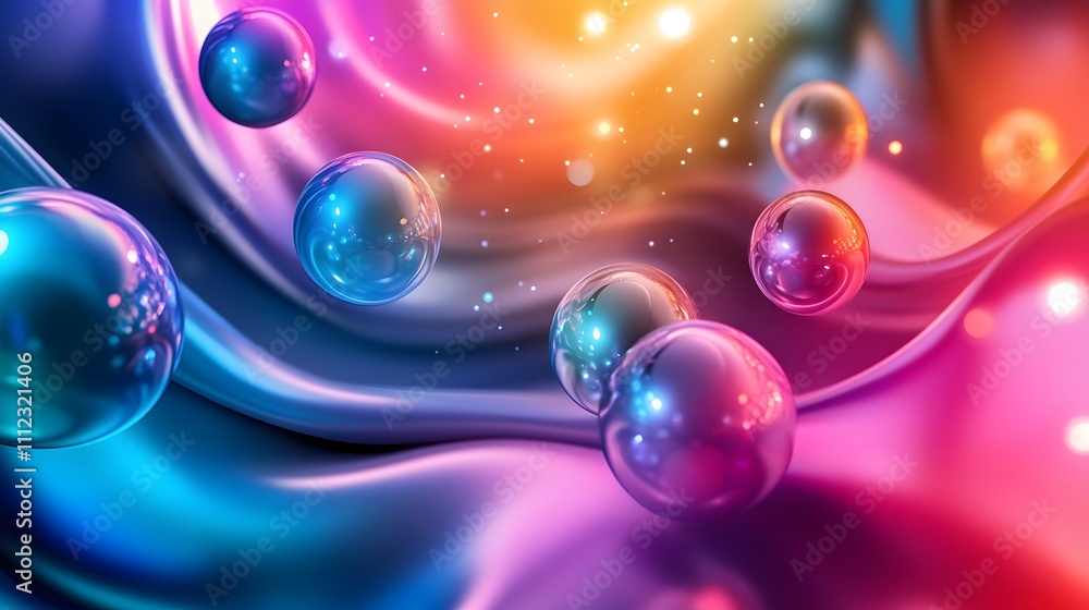 Poster abstract colorful spheres floating in a wavy background