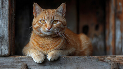 Ginger cat resting peacefully on a wooden ledge in a rustic setting during a sunny day. Generative AI