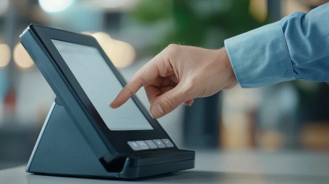 leasing financing monthly concept, A hand interacts with a tablet device on a stand, showcasing modern technology in a bright, contemporary environment.