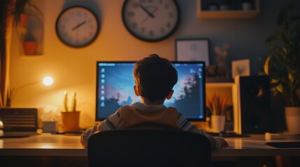 Child at desk with computer, clocks, and warm lighting; symbolizes screen time management.