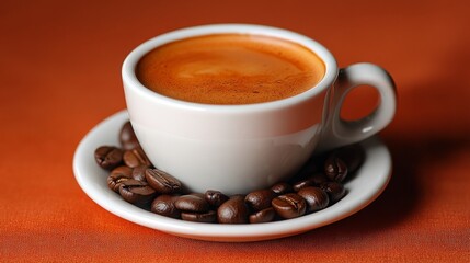 A White Espresso Cup Rests On Saucer With Beans