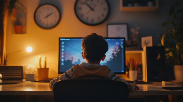 Child at desk with computer, clocks, and warm lighting; symbolizes screen time management.
