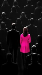 Pink silhouette of couple standing in monochrome crowd of different people,surreal unique and different concept,loneliness in society,shadow,freedom,Love,be yourself,Stand out from the crowd.