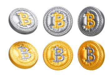 Shiny golden and silver Bitcoin coins arranged in a collage layout, metallic texture, isolated on white background. Concept of cryptocurrency and blockchain. 3D Rendering.