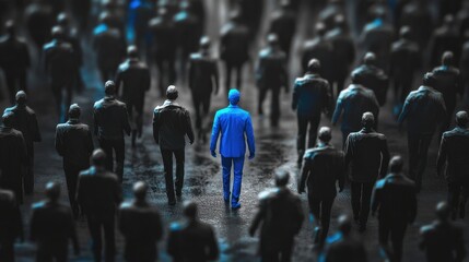 Obraz premium Blue silhouette of couple standing in monochrome crowd of different people,surreal unique and different concept,loneliness in society,shadow,freedom,Love,be yourself,Stand out from the crowd.