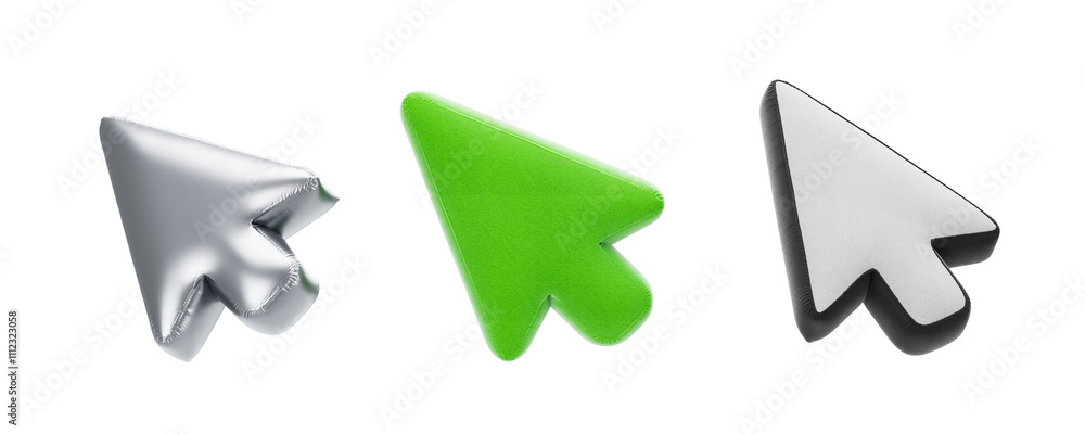 Aufkleber three distinct 3d arrow cursor icons in metallic, green, and white textures. placed on a clean white