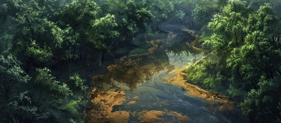 Enchanting tropical wilderness landscape with a flowing river winding through a dense lush green forest  The scene evokes a sense of tranquility and adventure