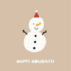 Cute snowman, Christmas holidays. Happy winter snowman character. Flat vector illustration