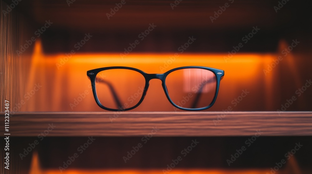 Poster a pair of stylish eyeglasses rests on a wooden shelf under soft lighting, highlighting their clean l