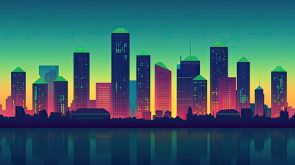 Obraz premium Modern city skyline at sunset with vibrant colors and reflections.