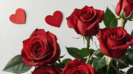 Fototapeta premium Bouquet of red roses and hearts on white background. Valentine's day, banner format. Place for text.