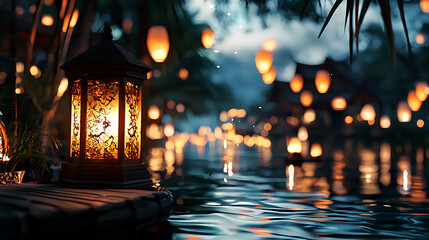 Obraz premium A lantern is lit on a wooden pier next to a body of water