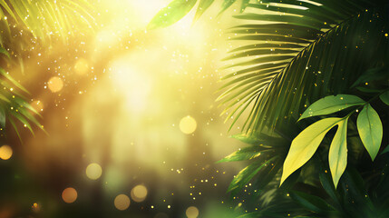 Sunlit blur bokeh background with palm leaves template
