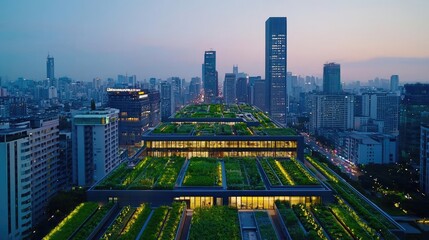 Naklejka premium Aerial view of modern urban architecture with greenery at dusk, vibrant cityscape background.