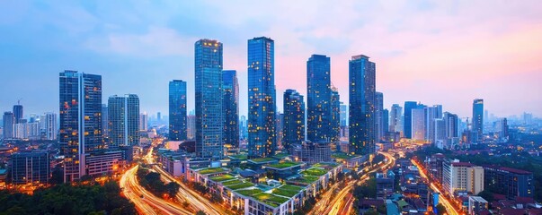 Fototapeta premium City skyline with skyscrapers against a dramatic sunset.