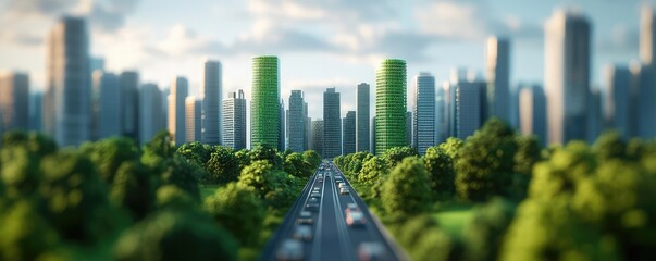 Obraz premium Eco-friendly city landscape with green towers and trees lining the road.
