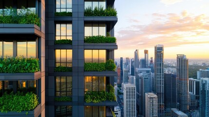 Modern urban building with greenery, city skyline at sunset.