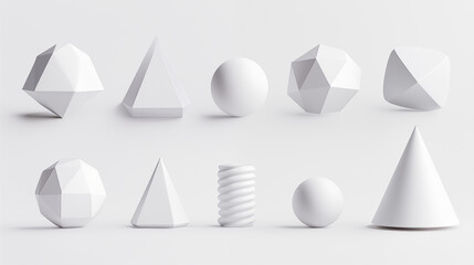 Different 3D geometric figures. Icosahedron, pyramid, sphere