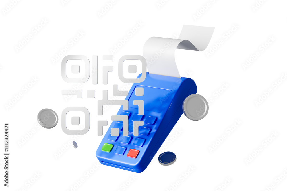 Poster blue payment terminal with receipt, surrounded by floating coins and a qr code design, isolated on a