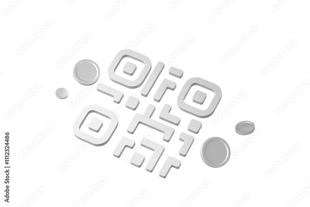 Poster 3d rendering of a qr code with scattered coins, isolated on a white background. perfect for payment,